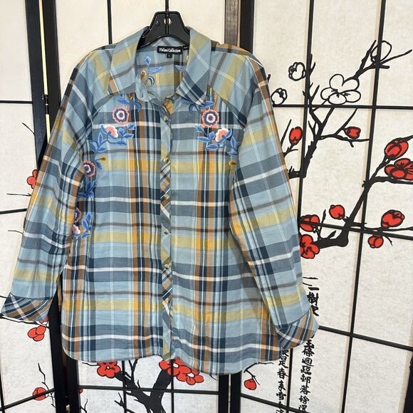 Tolani Tops - Tolani Collection Size L Estrella Top Floral Embroidered Blue Plaid Shirt